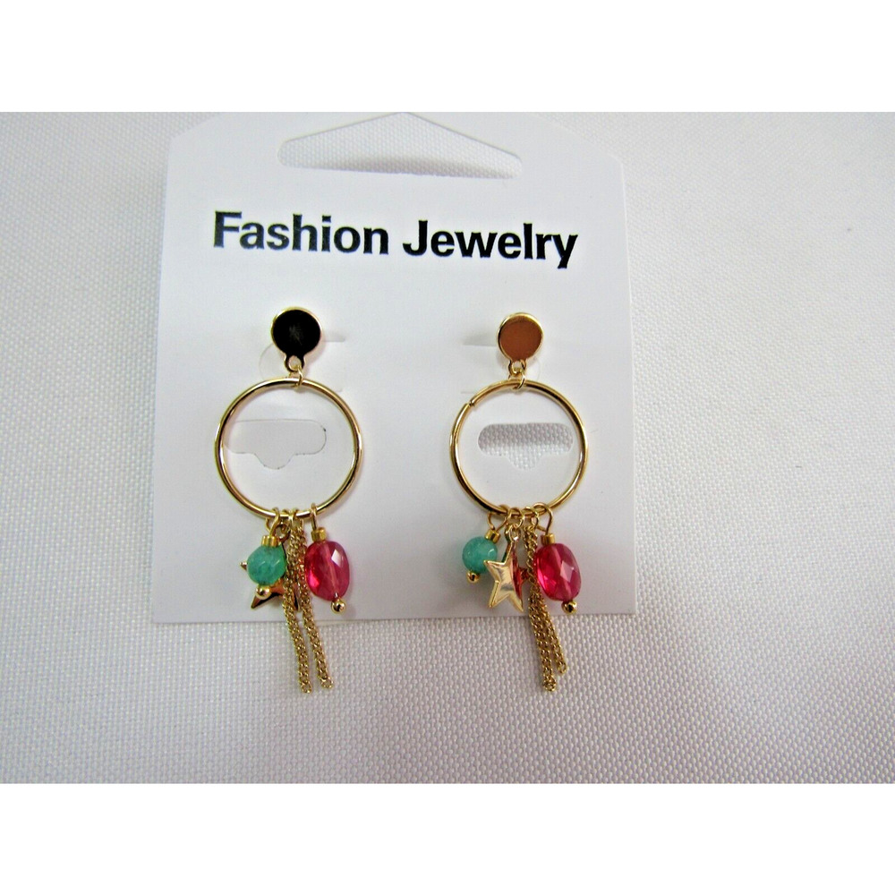 Gold‎ Oval Beaded Chain Star Dangly Earrings Boho Festive Round